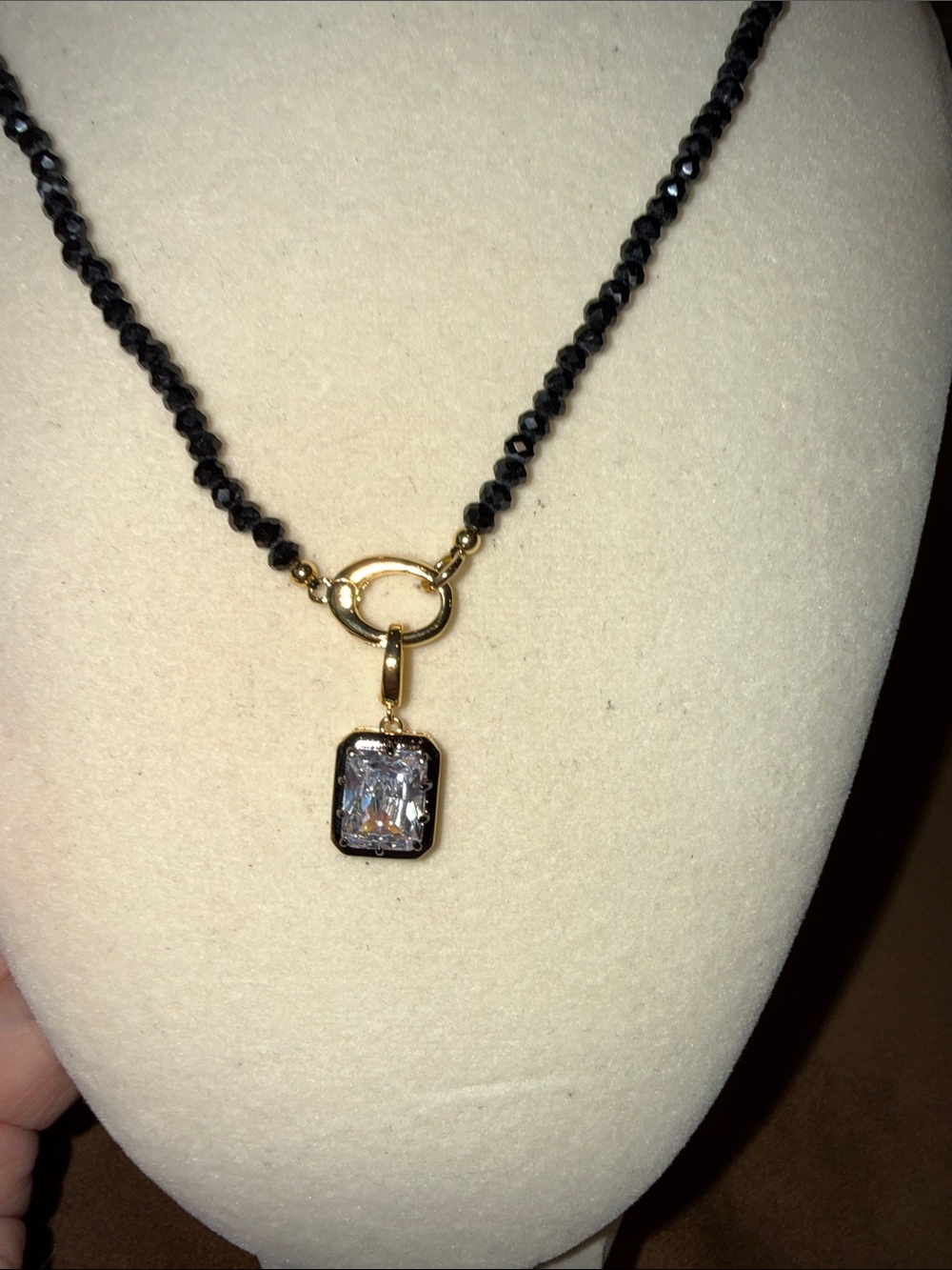Trendy Black Beaded Chain with emerald cut black and gold rhinestone solitaire
